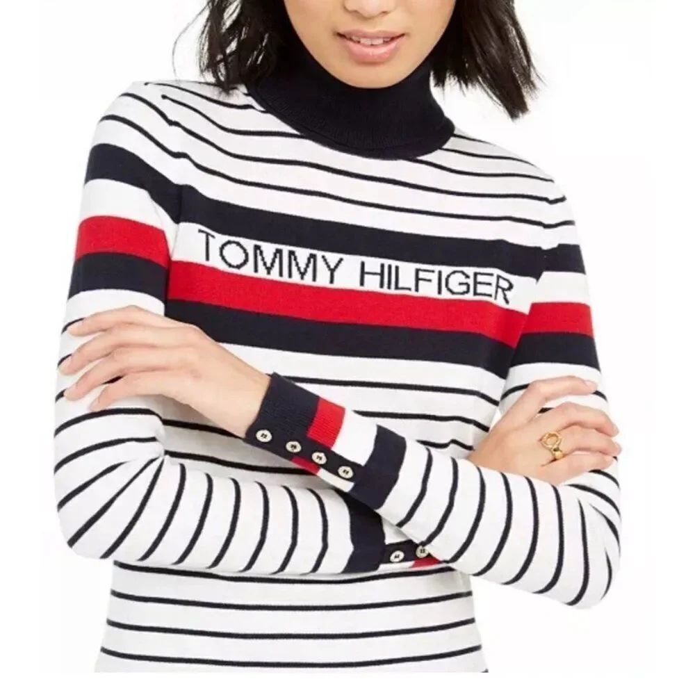 tommy hilfiger Spell Out red white blue striped long sleeve knit turtleneck Xs